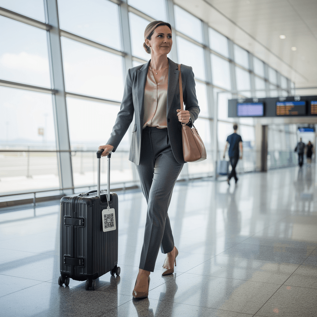 Woman traveling at an airport with a smart luggage tag on her suitcase